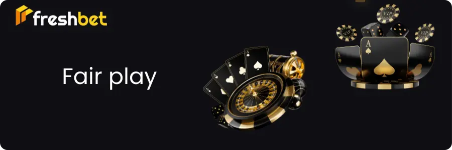 Freshbet casino lobby with roulette wheel, playing cards and VIP poker chips on dark background