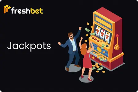 Two players celebrating a big win next to a slot machine with coins falling at Freshbet casino