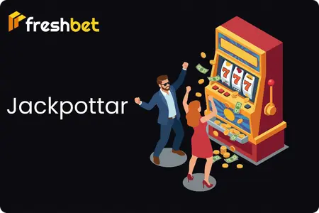 Två spelare firar en storvinst bredvid en spelautomat med fallande mynt på Freshbet casino
