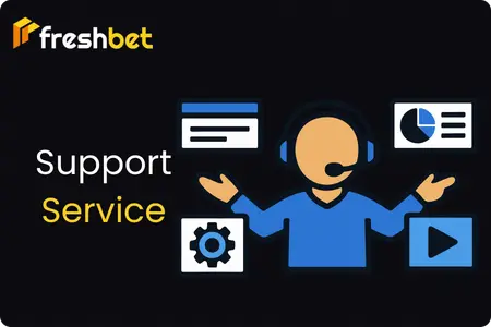 Customer support agent with headphones happily presenting live chat, statistics, settings and video support options